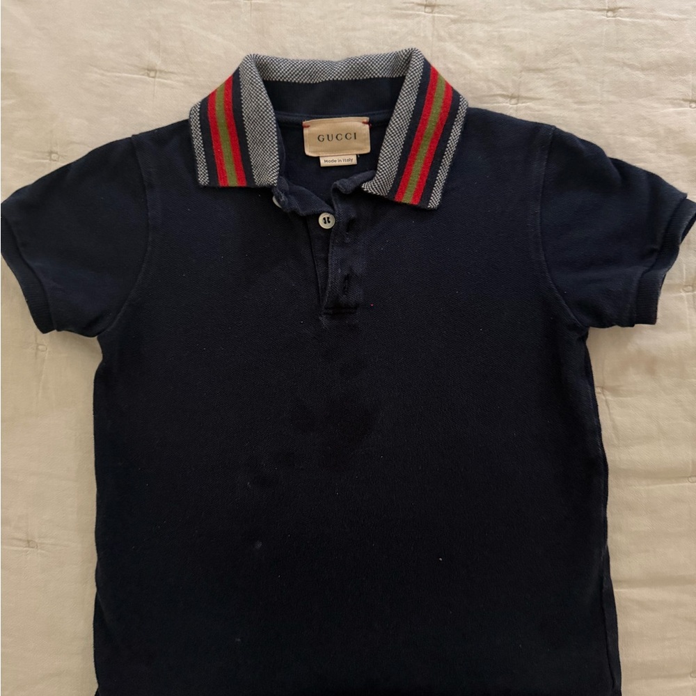Gucci Navy Kids Polo with Red & Green Stripe Collar